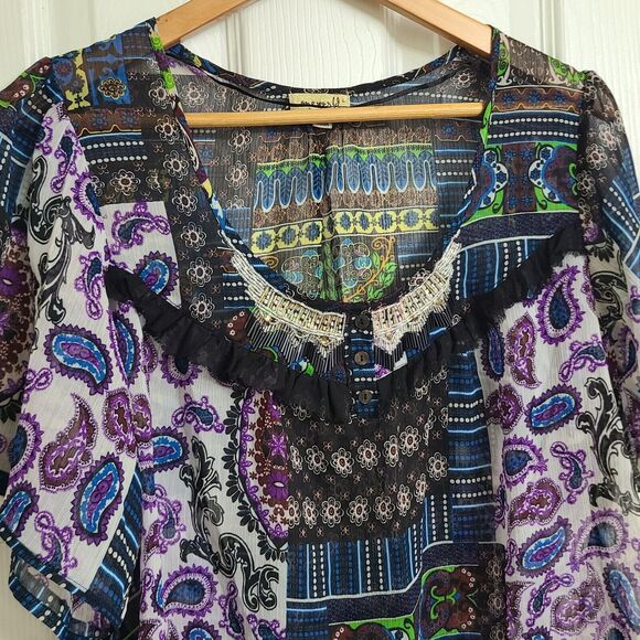 One World Sheer Boho Top Paisley Floral Patchwork Print Beaded Ruffles Size L - Picture 2 of 10